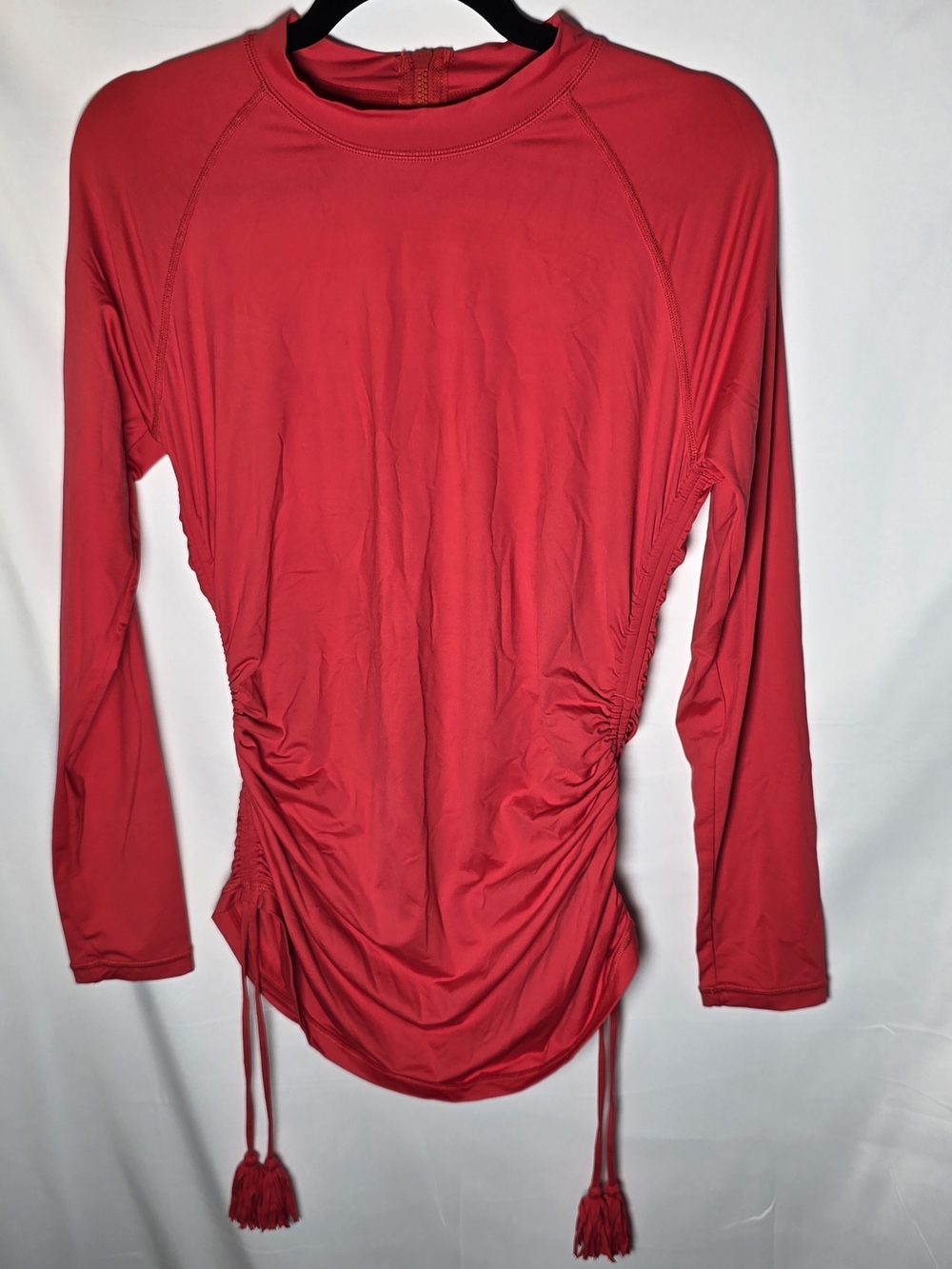 J. Crew Red Long-Sleeve Rashguard Ruched Side Drawstring Pompom Top Beach Sz L - Picture 3 of 8